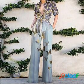 Womens Jumpsuit Floral Lace up Elegant Shirt Collar Straight
