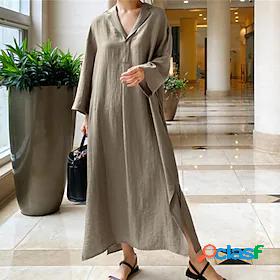 Women's Midi Dress Linen Dress Khaki Beige Long Sleeve Split
