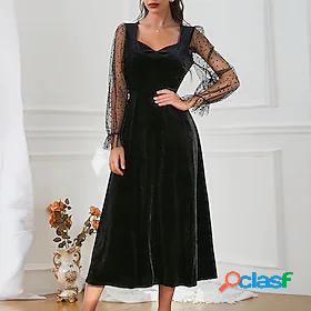 Womens Midi Dress Party Dress Black Long Sleeve Mesh Lace