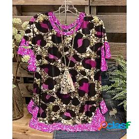 Womens T shirt Tee Check Leopard Casual Weekend Painting