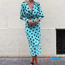 tubino da donna vestito midi blu manica lunga pois stampa