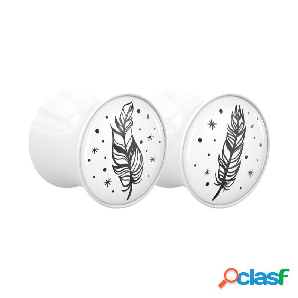 1 pair double flared plugs (acrylic, white) con motif