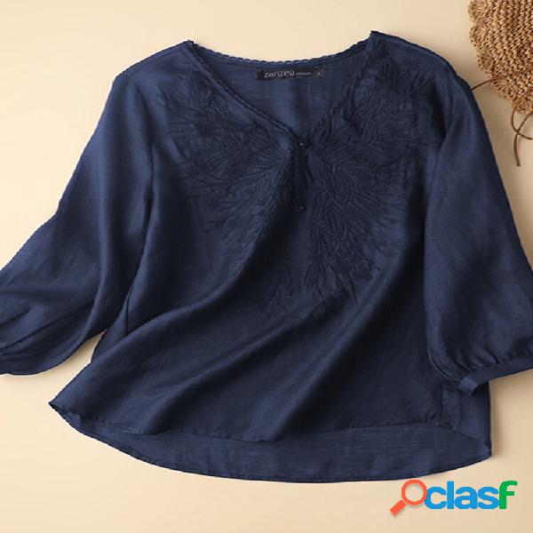 Camicetta casual V Collo a maniche lunghe con ricamo