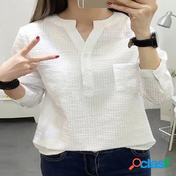 Camicetta casual a maniche lunghe V Collo con tasca a