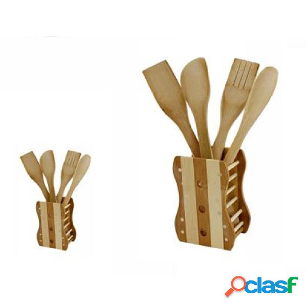 KIT 5 PZ CUCINA PORTA MESTOLO MESTOLI IN LEGNO BAMBÙ CON 4