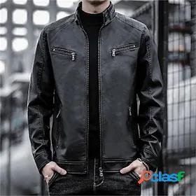 Mens Faux Leather Jacket Faux Fur Trim Casual Street Style