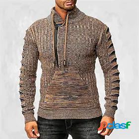 Mens Pullover Sweater Jumper Ribbed Knit Lace up Pocket