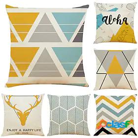 Set of 6 Geometric Antler Faux Linen Square Decorative Throw