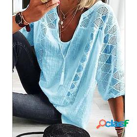 Women's Blouse Eyelet top Shirt Plaid Check V Neck Tops