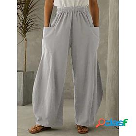 Womens Bootcut Trousers Faux Linen Simple Mid Waist Pocket