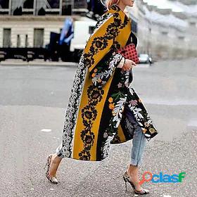 Womens Coat Patchwork Print Long Asian Size Coat White Blue