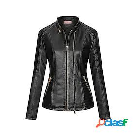 Womens Faux Leather Jacket Layered Casual Daily Street Style