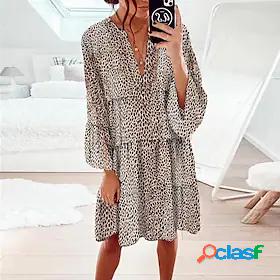 Womens Knee Length Dress Shift Dress Brown 3/4 Length Sleeve