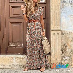 Womens Maxi long Dress Wrap Dress Red Brown Short Sleeve