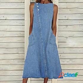 Womens Midi Dress A Line Dress Denim Dress Blue Sleeveless