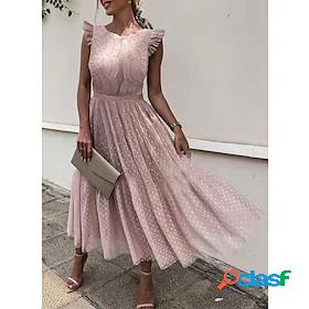 Womens Midi Dress Lace Dress A Line Dress Pink Short Sleeve