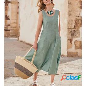 Womens Midi Dress Linen Dress A Line Dress Light Green