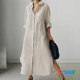 Womens Midi Dress Linen Dress Shirt Dress Black Beige Long