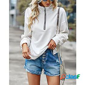 Womens Plain Sweatshirt Pullover Quarter Zip Casual Sports
