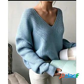 Womens Pullover Jumper Crochet Knit Knitted V Neck Solid