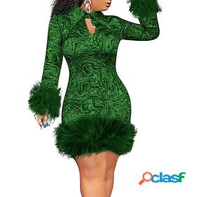 Womens Short Mini Dress Feather Dress Holiday Dress Green