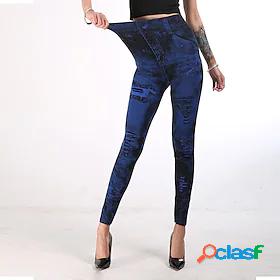 Womens Skinny Trousers Faux Denim Retro Vintage High Waist