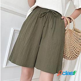 Womens Wide Leg Trousers Linen / Cotton Blend Basic Mid