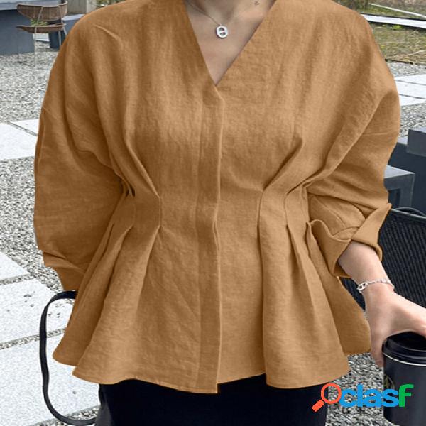 Camicetta casual V Collo a maniche lunghe in cotone