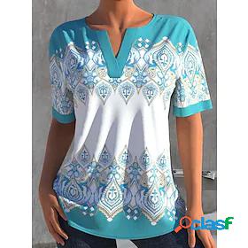 Women's Blouse Short Sleeve Flower V Neck Tops Photo Color S