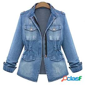 Womens Denim Jacket Zipper Pocket Patchwork Button Active