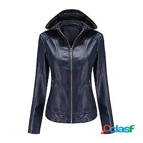Womens Faux Leather Jacket Hoodie Jacket Pocket Basic Casual