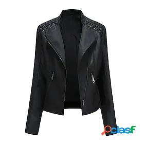 Womens Faux Leather Jacket with Pockets Full Zip Slim Fit