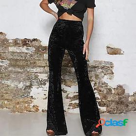 Womens Flare Slacks Trousers Velvet Basic Streetwear High