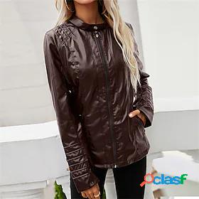 Womens Jacket Faux Leather Jacket Pocket Casual Streetwear