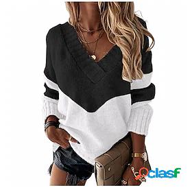 Womens Pullover Sweater Jumper Ribbed Knit Patchwork Thin V