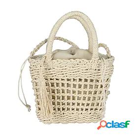 Womens Straw Bag Beach Bag Straw Top Handle Bag Drawstring