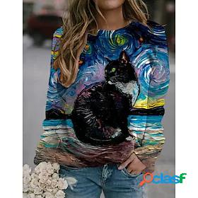 Womens Sweatshirt Printing Casual Retro Blue Cat Graphic
