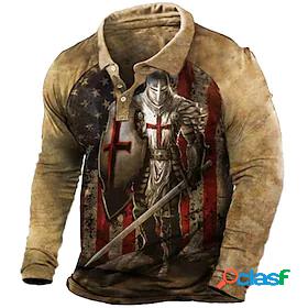 Mens Golf Shirt Turndown Soldier Khaki 3D Print Long Sleeve