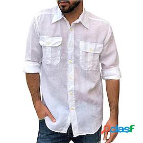 Mens Shirt Shirt Collar Plain Pocket White Black Khaki