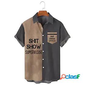 Mens Shirt Turndown Letter Light Brown Print Short Sleeve