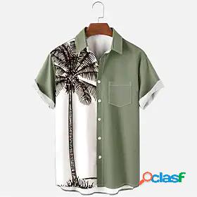 Mens Shirt Turndown Tree Green / White Print Short Sleeve