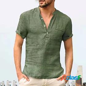 Mens T shirt Tee Collar V Neck Solid Colored Green White