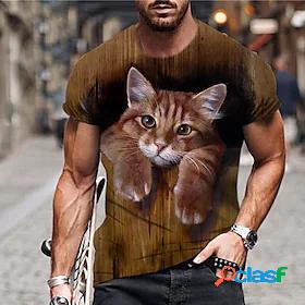 Mens Unisex T shirt Tee Crew Neck Cat Graphic Prints Brown