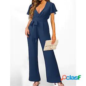 Women's Jumpsuit Solid Color Lace up Elegant V Neck Straight