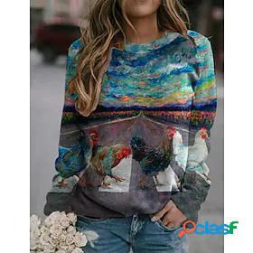 Womens Sweatshirt Print Casual Retro Blue Cartoon Daily Wear