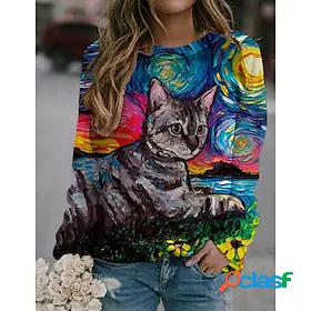 Womens Sweatshirt Print Casual Retro Blue Cat Graphic Daily