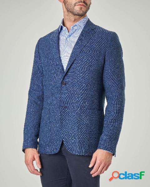 Blazer blu indaco in tela di lana cotone e lino