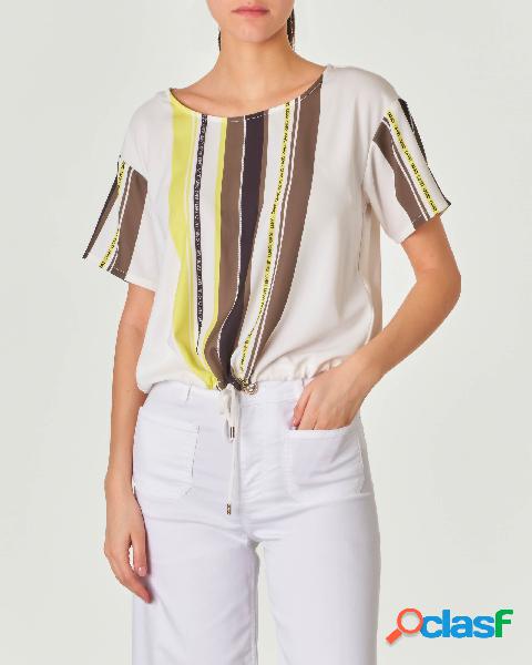 Blusa bianca in tessuto stretch a righe lime e marroni con