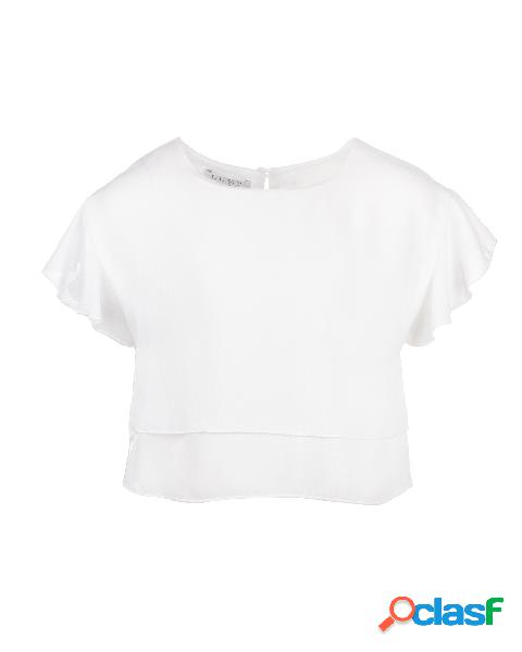 Blusa girocollo bianca in crêpe con maniche ad aletta e