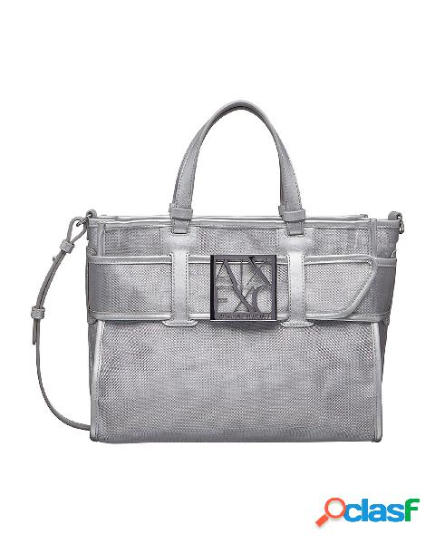 Borsa a mano in tessuto silver a micro rete con inserti in